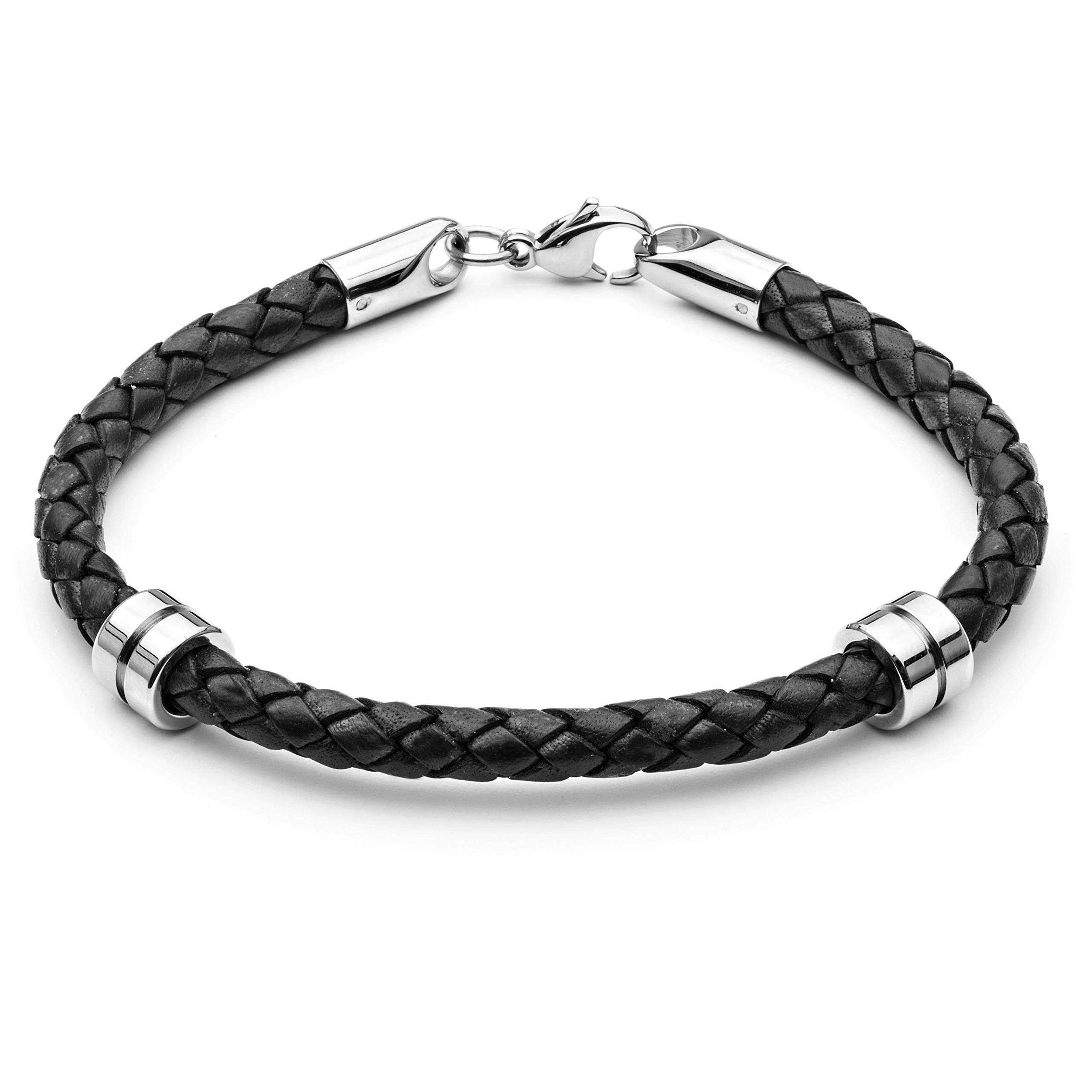 Tribal Steel Mens XL Black Rondel Bracelet - Men's 23cm Braided Leather Braceelt with Stainless Steel Rondels, Lobster Clasp