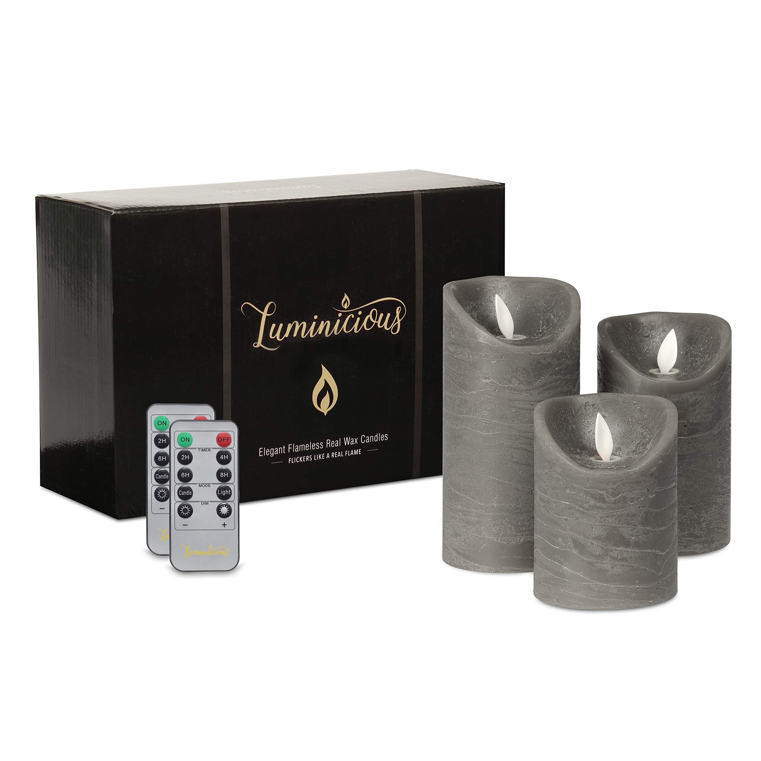 Flameless Candles Flickering LED | Battery Operated Electric Pillar Candle | Realistic Moving Flame Flicker with Remote Control & Timer | Real Wax Grey | Great Home Decor | Decorative Gift