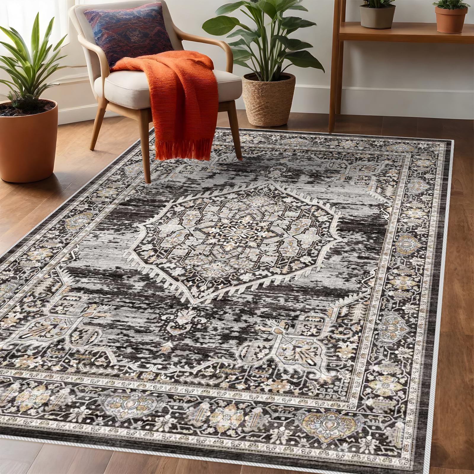 Photo 1 of Area Rug 3x5 Washable Rugs: Soft Ultra Thin Low Pile Mat Machine Washable Indoor Doormat Lightweight Entry Rug Anti Slip Backing Rugs for Living Room Bedroom Kitchen 3'x5' Black
