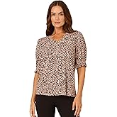 Adrianna Papell Womens Elbow Smocked Sleeve and Shoulder Printed Top