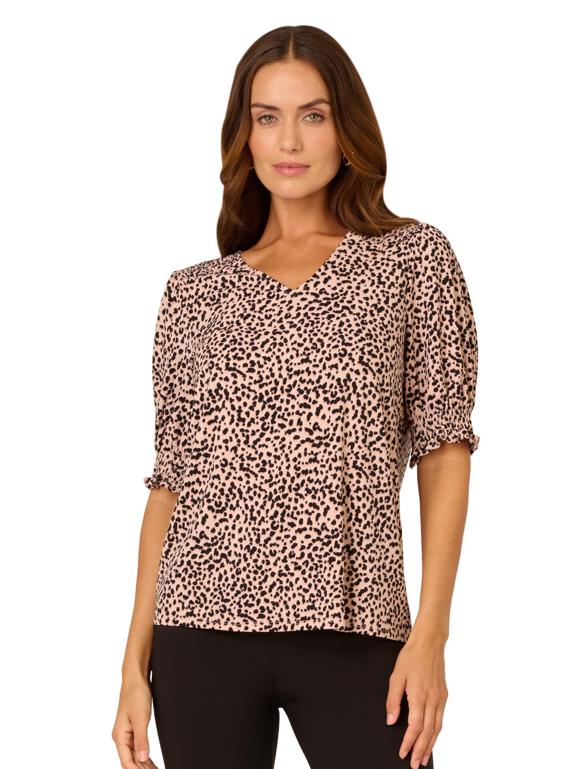 Adrianna Papell Women’s Elbow Smocked Sleeve and Shoulder Printed Top, Tan Shadow Leopard