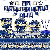 98 Pcs We Appreciate You Decorations for Thank You Party Plates and Napkins Set Blue Gold We Appreciate You Banner Tablecloth for Teacher Nurser Doctor Pastor Employee Thanksgiving Supplies