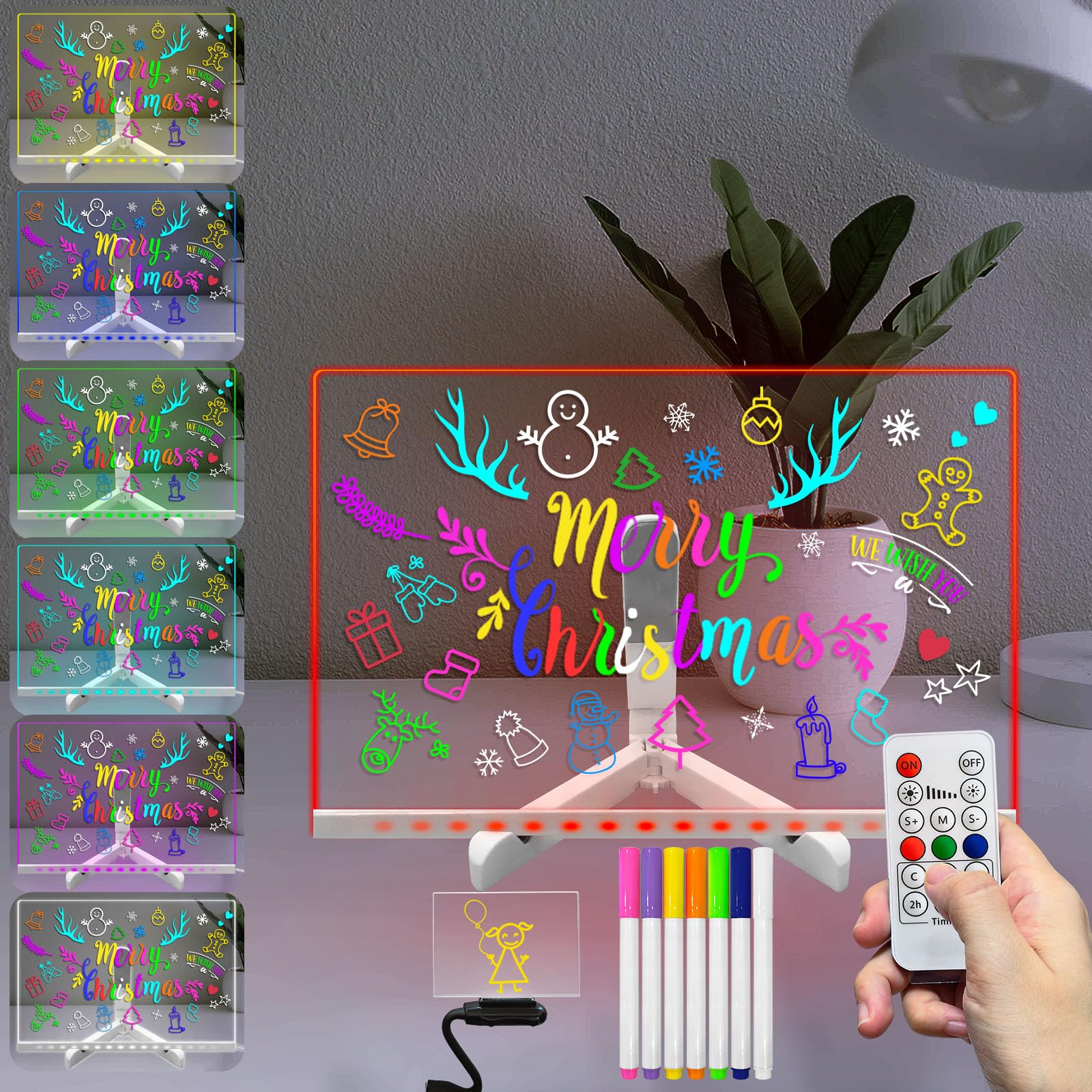 Masshomi 7.8 * 11 inch Acrylic Dry Erase Board with Stand 7 Colors Change 7 Marker Remote Control LED Sign Light Up DIY Writing Drawing Message Note Board Memo Menu to do List