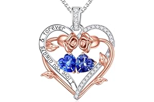 Iefil Rose Heart Double Birthstone Necklace Gifts for Wife Girlfriend Her Women, Birthstone Jewelry Gemstone Valentines Day Birthday Gifts for Mom Grandma Her Wife Women