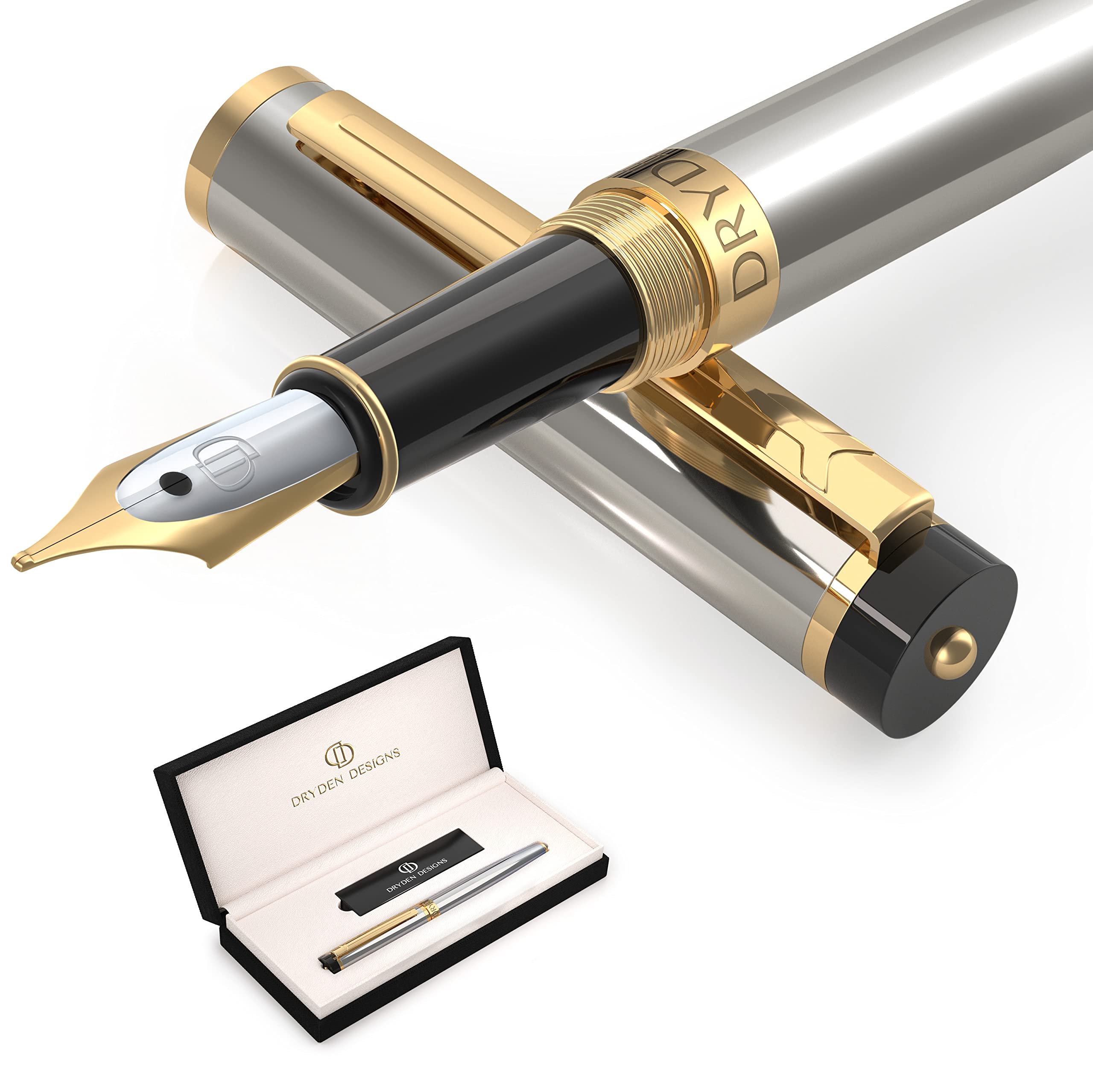 Dryden Designs Fountain Pen - Medium Nib Premium Box | 6 Ink Cartridges - Metallic Silver