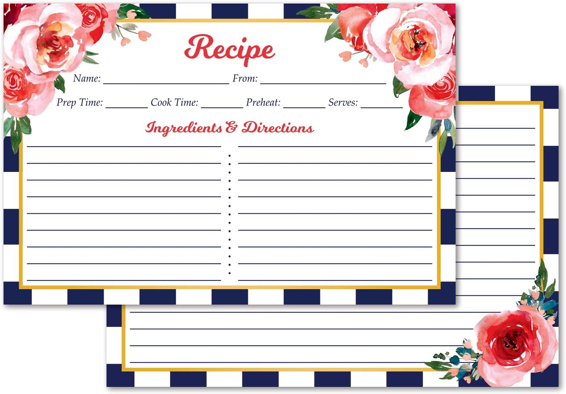 Pink Floral Recipe Cards 4x6 - Set of 50 Navy Blue Vintage Recipe Cards Double Sided, Perfect for Wedding or Bridal Shower - Thick Cardstock (Navy Blue Stripe)
