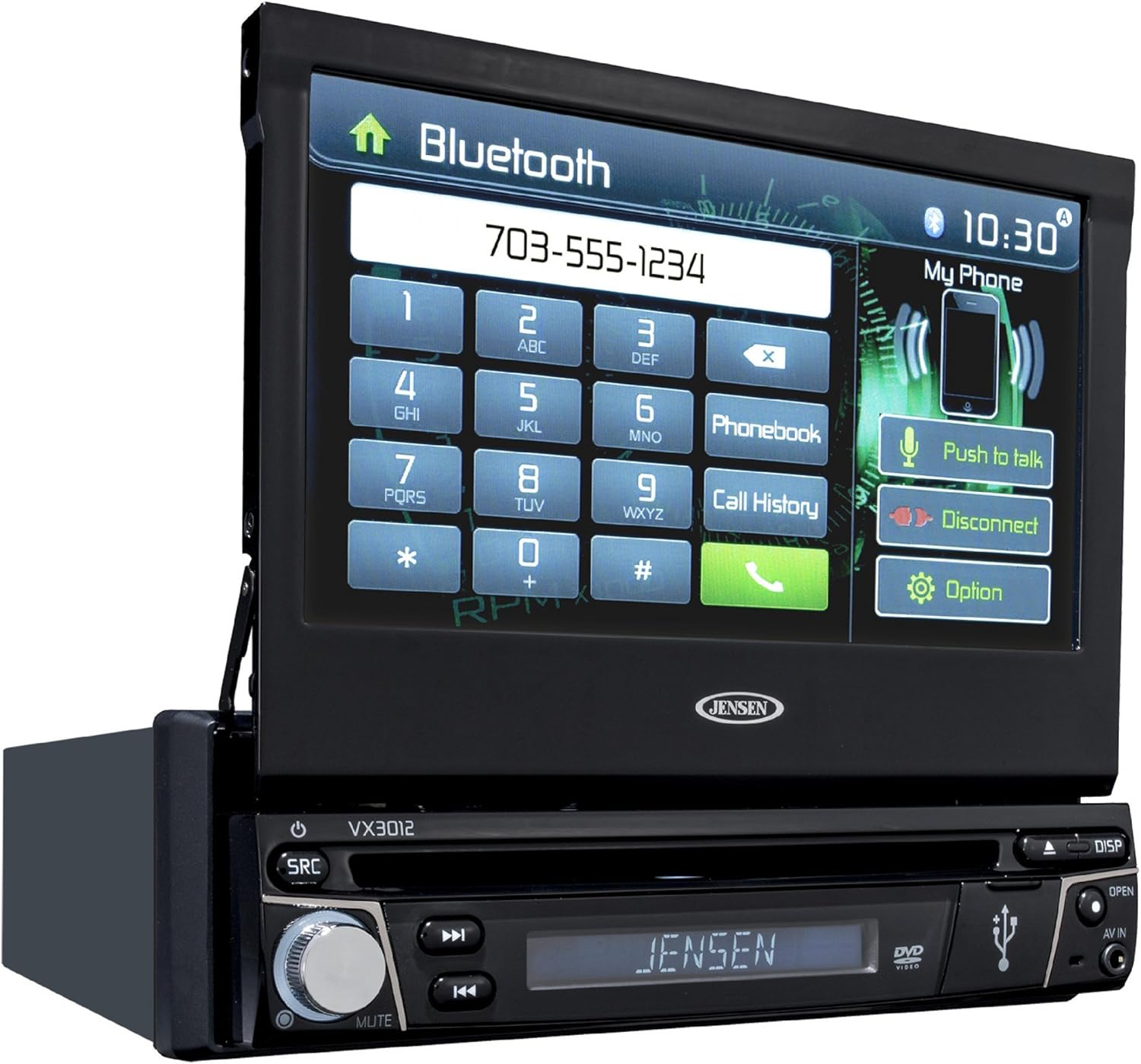 Jensen VX3012 7 inch Multimedia Retractable Touch Screen Single DIN Car Stereo with Bluetooth & Built-in DVD/USB Ports