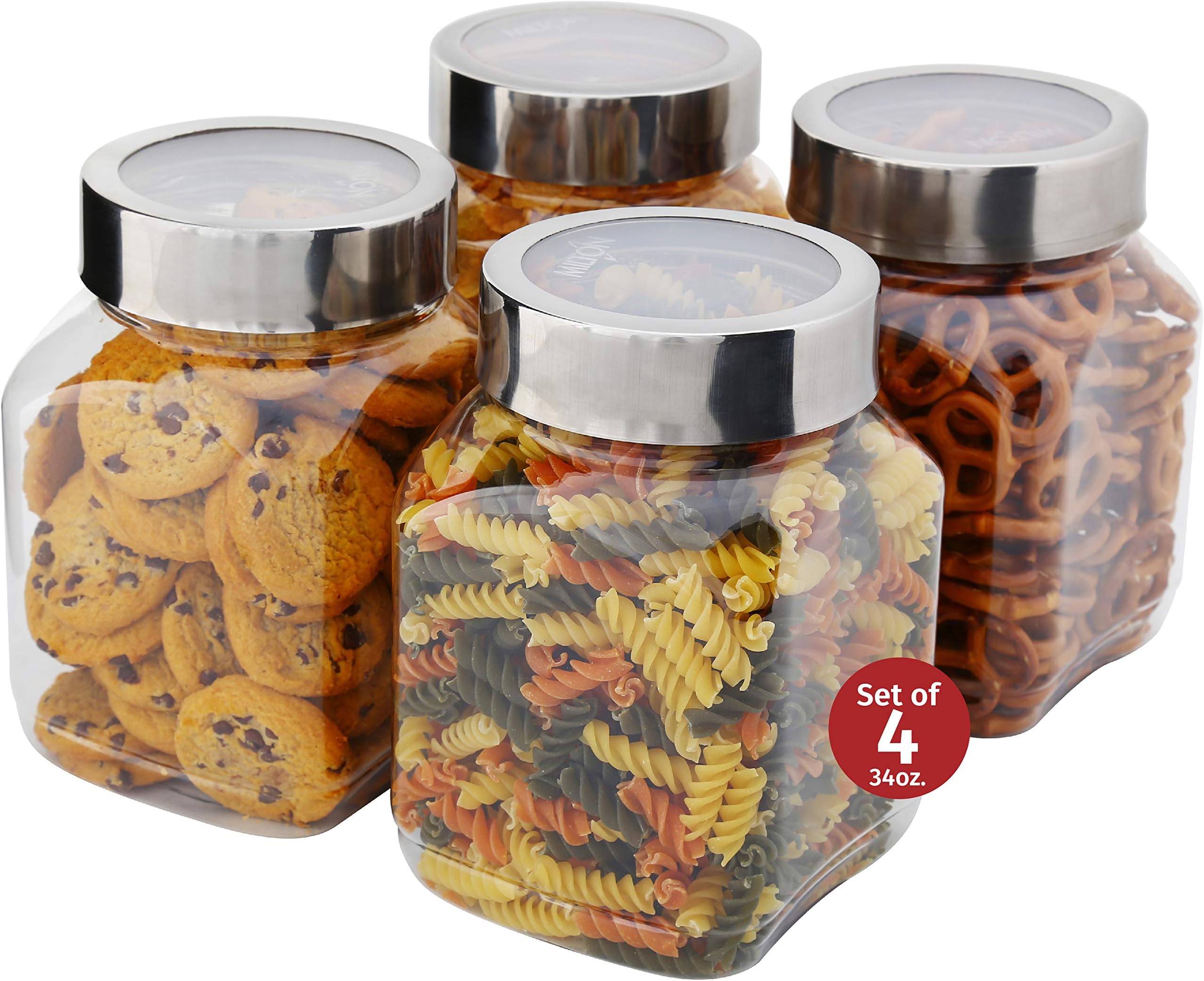 MILTON Plastic Storage Jars with Lids; Food Storage Containers 4 Pack 34 oz. Clear Square Lightweight PET Canisters;Wide-Mouth, Airtight Lids Caps; Clear Empty Multi-Purpose Jars BPA Free