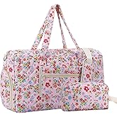 Large Floral Quilted Duffle Bag Coquette Pink Floral Portable Gym Lightweight Weekender Bag for Women with Makeup Pouch with Dry and Wet Separation for Women Travel Hospital