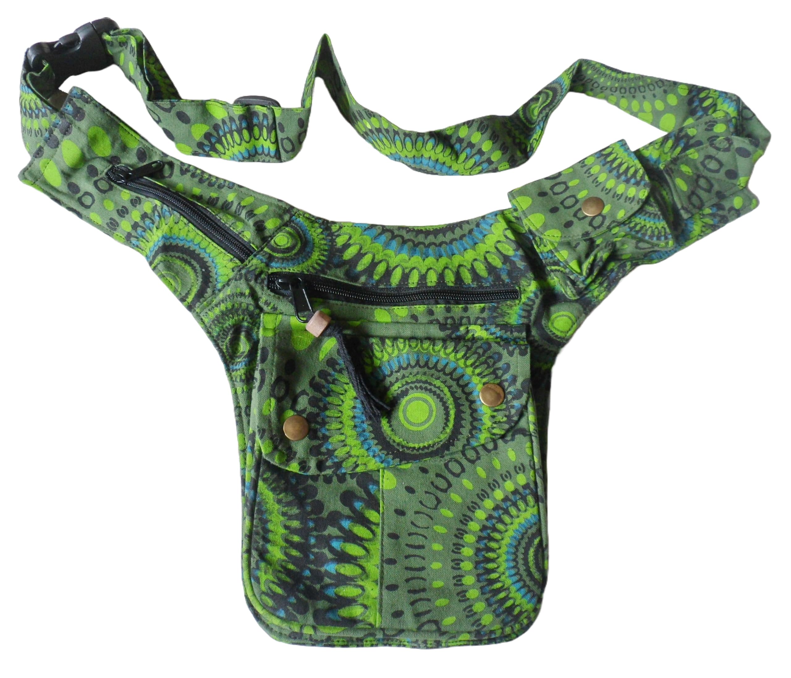 FAIR Trade Boho Cotton Print Travel 7 Pocket Passport Bag Utility Hip Money Belt (Green Print)