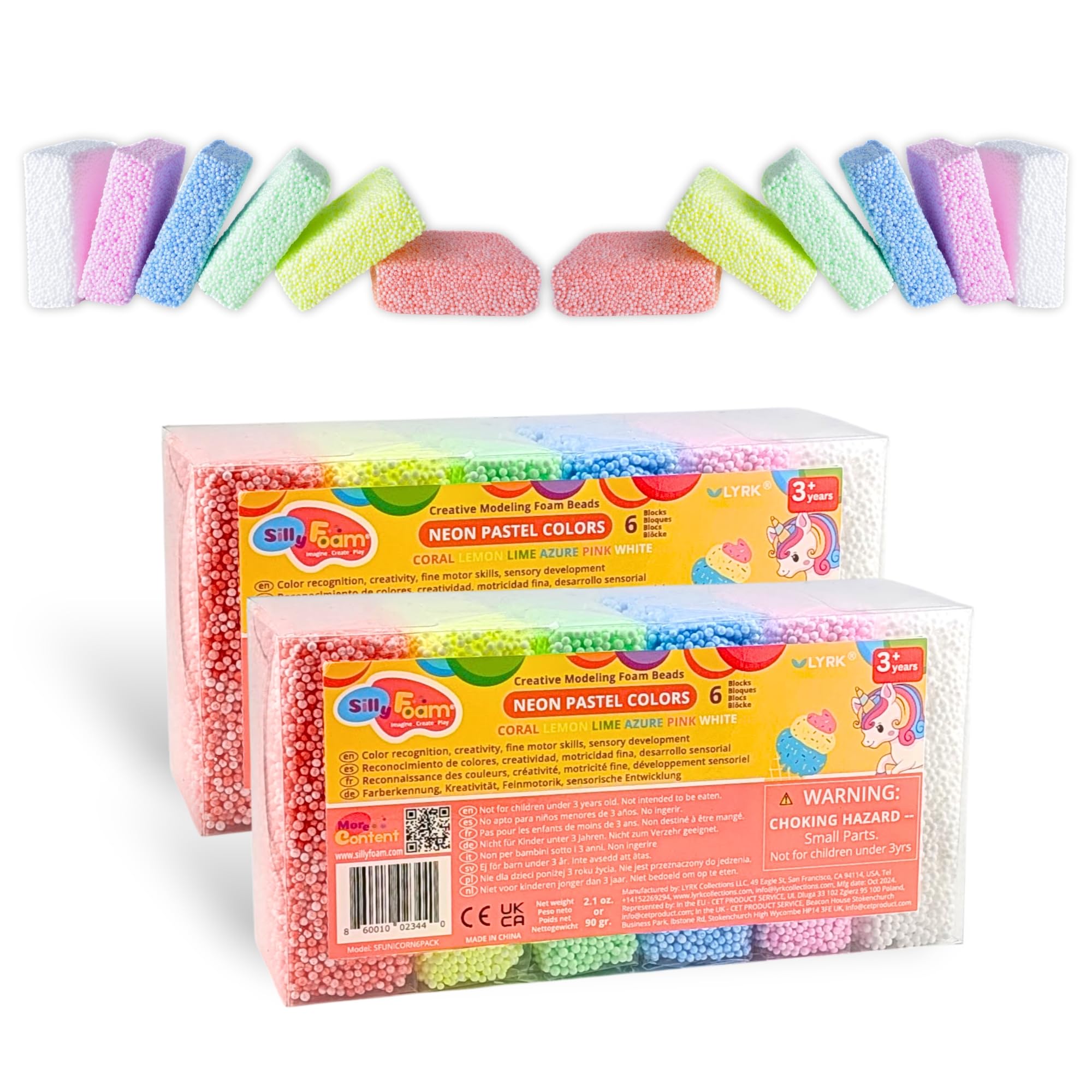 Silly Foam, Creative Modeling Foam Beads, 2-Pack of 6 Neon Pastel Colors, Perfect for Preschool and Kids, Arts & Crafts, Sensory Play, STEM, Travel Toy, Holiday Gifts, Non-Toxic (Age 3+)