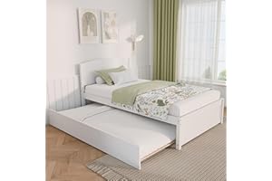 Xilingol Trundle Bed Twin, Solid Wood Bed Frames with Headboard and Wooden Slats Support, Twin Trundle Bed Frame Roll Out, Single Box (No Box Spring Needed), White