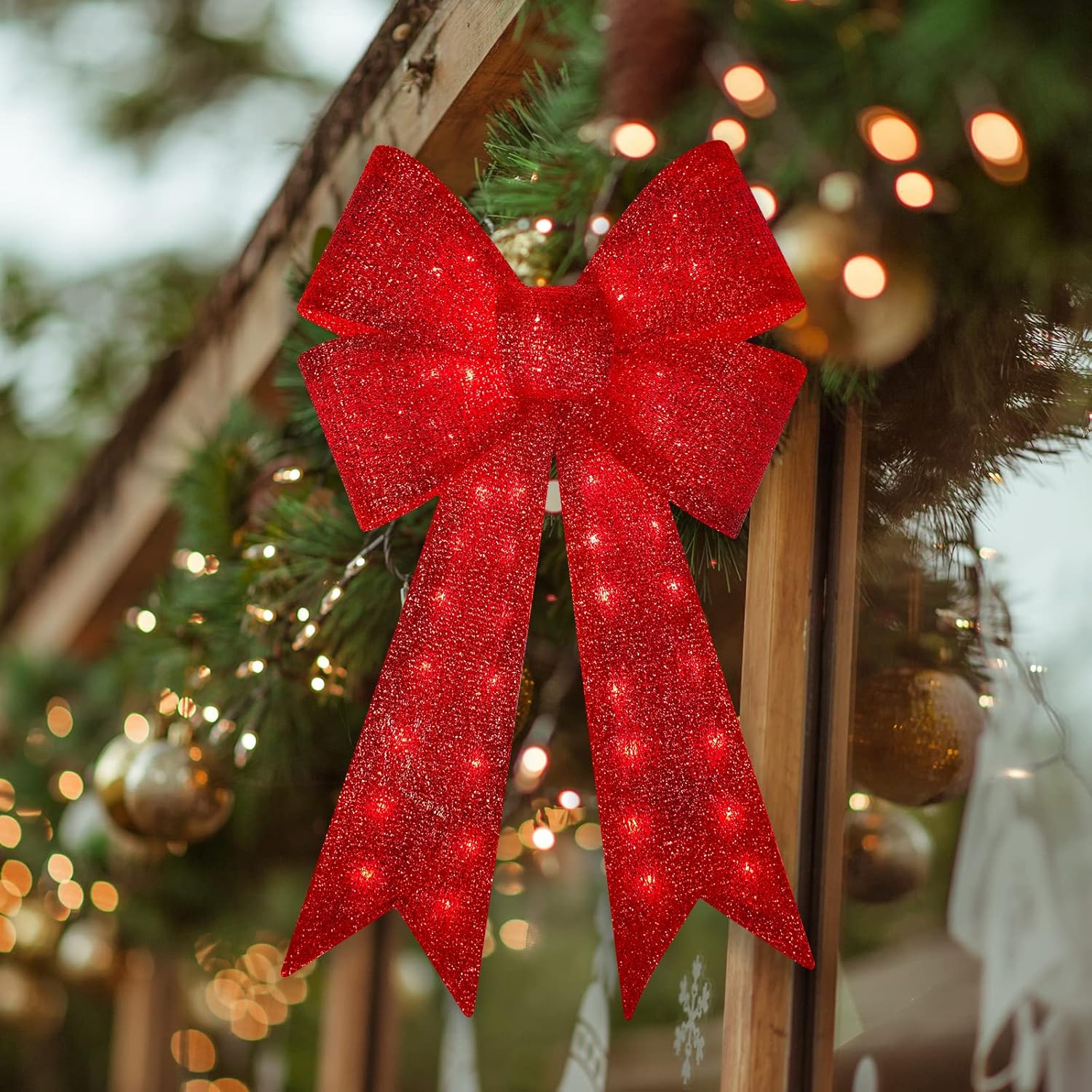 Bows & Ribbons - GLOWNOVA 48'' 126LEDChristmas Wreath Bow, Thanksgiving Wreath Bow,Christmas Tree Topper Decorative Bows, Christmas Glitter Red Bow for Front Door Wreath Home Indoor Outdoor Decorations