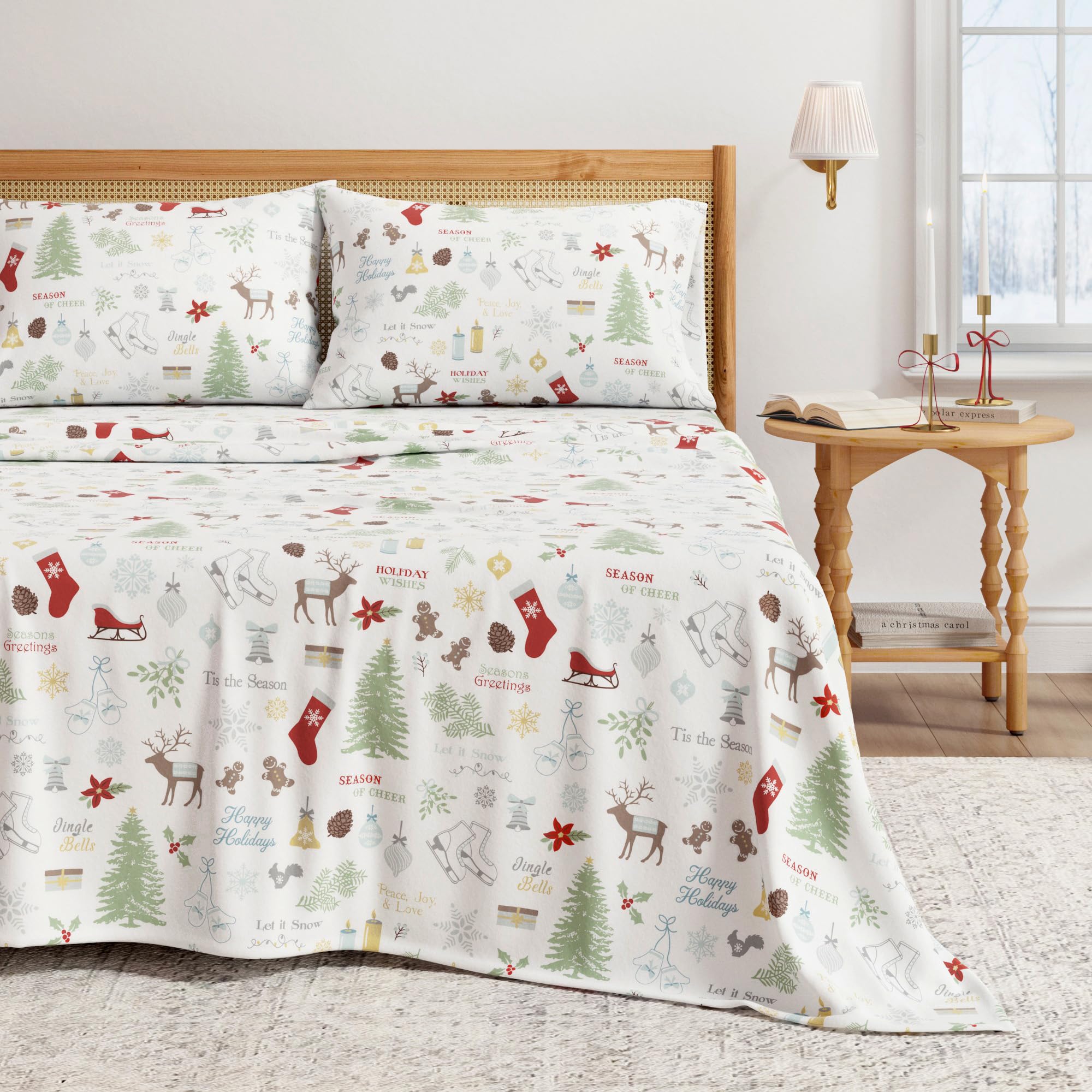 Photo 1 of Great Bay Home Christmas Flannel Sheet Set California King Size - 100% Turkish Cotton, Double-Brushed, Winter Bed Sheets - Ultra-Soft, Cozy, 4-Piece Holiday Bedding Set (Holiday Time)