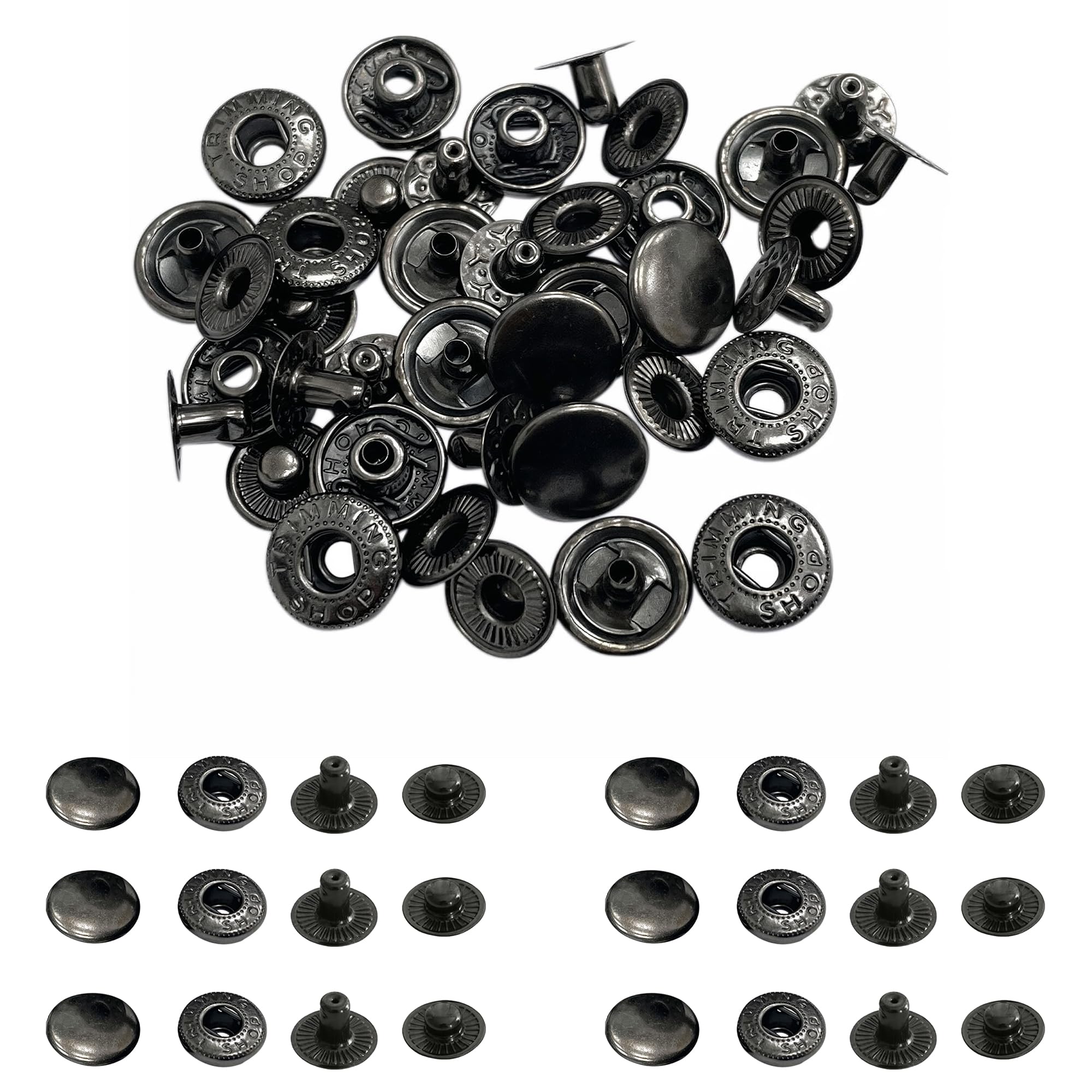 Trimming Shop 20mm S Spring Press Studs 4 Part, Durable and Lightweight, Metal Snap Buttons Fasteners for Jackets, DIY Leathercrafts, Sewing Clothing, Purses, Gunmetal Black, 50pcs