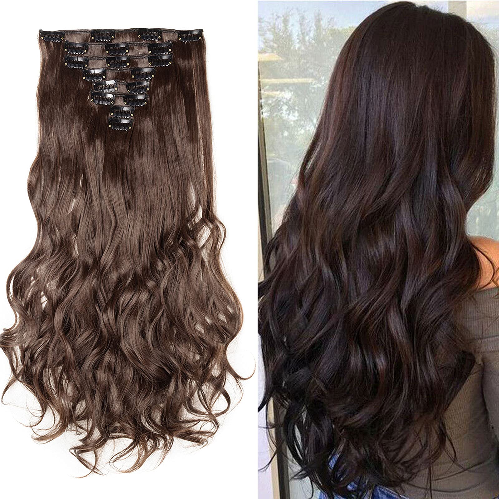 Real Fashion Extensions Clip in Hair Extension Long Curly Wavy 8 Pcs Full Head 18 Clips Synthetic Heat Resistant Hairpiece 24 Inches Curly Medium Brown
