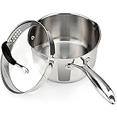 AVACRAFT Stainless Steel Saucepan with Glass Strainer Lid, Two Side Spouts for Easy Pour with Ergonomic Handle, Multipurpose Sauce Pot (5-Ply Capsule Bottom, 3.5 Quart)