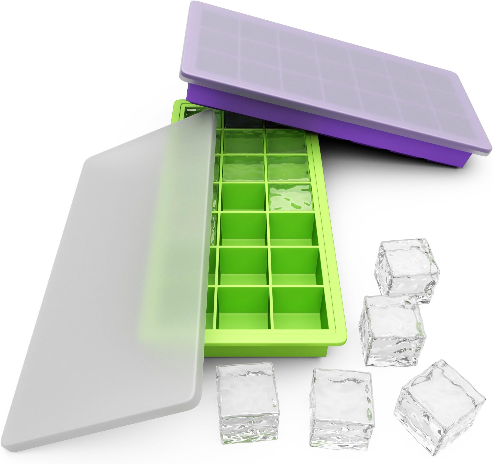 Avvio Silicone Ice Cube Trays with Lids – Set of 2 Covered Ice Cube Tray Containing 42 Ice Cubes – Stackable Rubbery Plastic Tray for Cocktails, Whiskey, Popsicles, Baby Food- Ice Storage Container