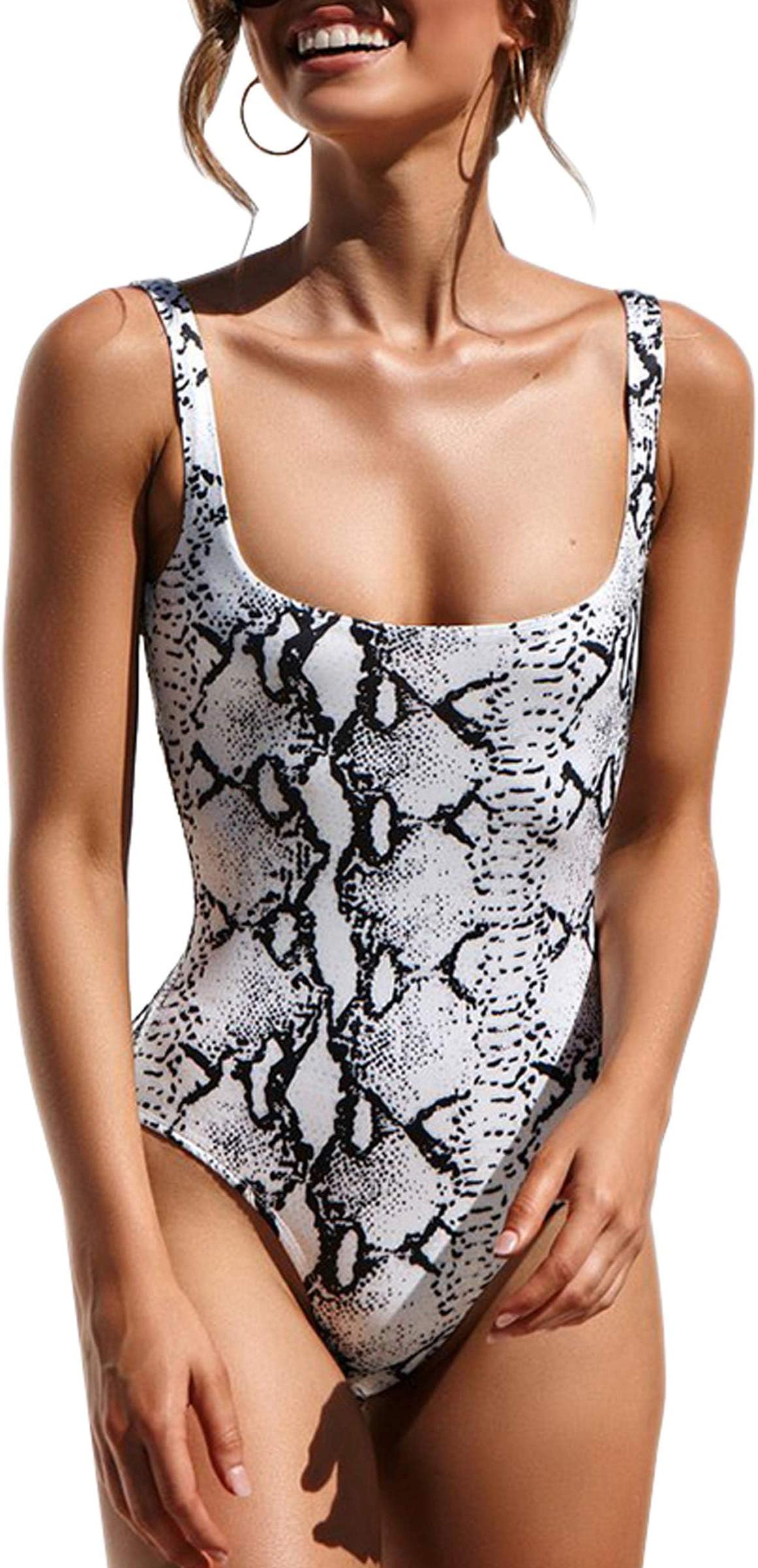 Women's Bikini Hign Cut Snake Print One Piece Monokini Swimsuits Backless Thong Bathing Suits (Snake, Small)