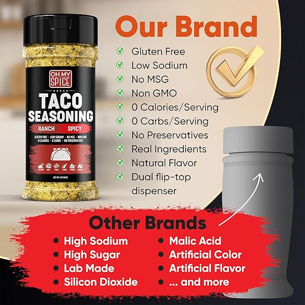 TACO SEASONING MIX SPICY RANCH SEASONING POWDER – GLUTEN FREE & LOW SODIUM HOT MEXICAN SEASONINGS BLEND FOR TACO TUESDAY NIGHT. HOT RANCH POWDER FOR FAJITA & BURRITO. STREET TACOS SPICES TOPPING. 5OZ