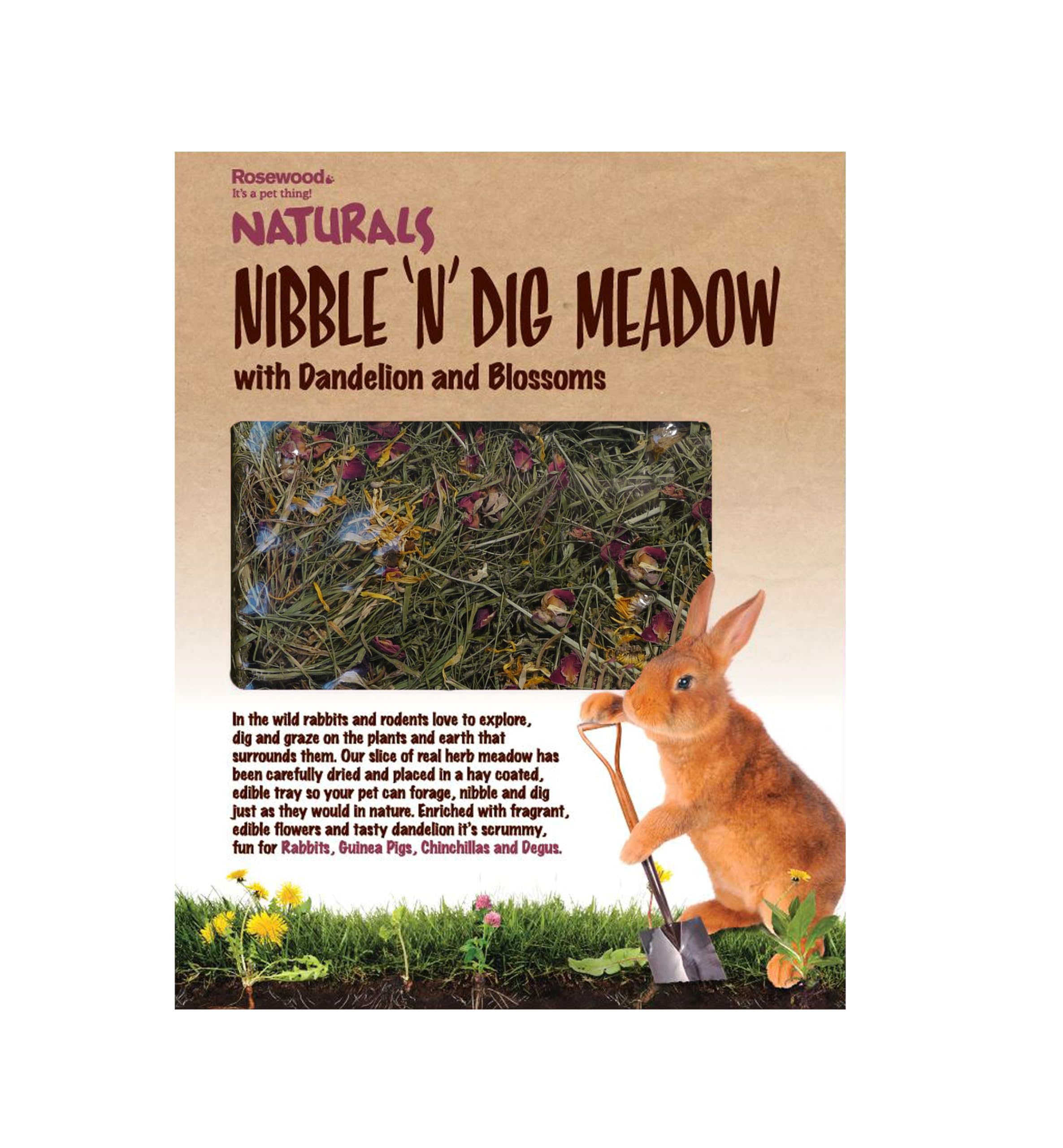Rosewood Naturals Nibble 'n' Dig Meadow, Small Animal Treat and Toy for Rabbits, Guinea Pigs, Chinchillas and Degus, Rich in Hay and Herbs