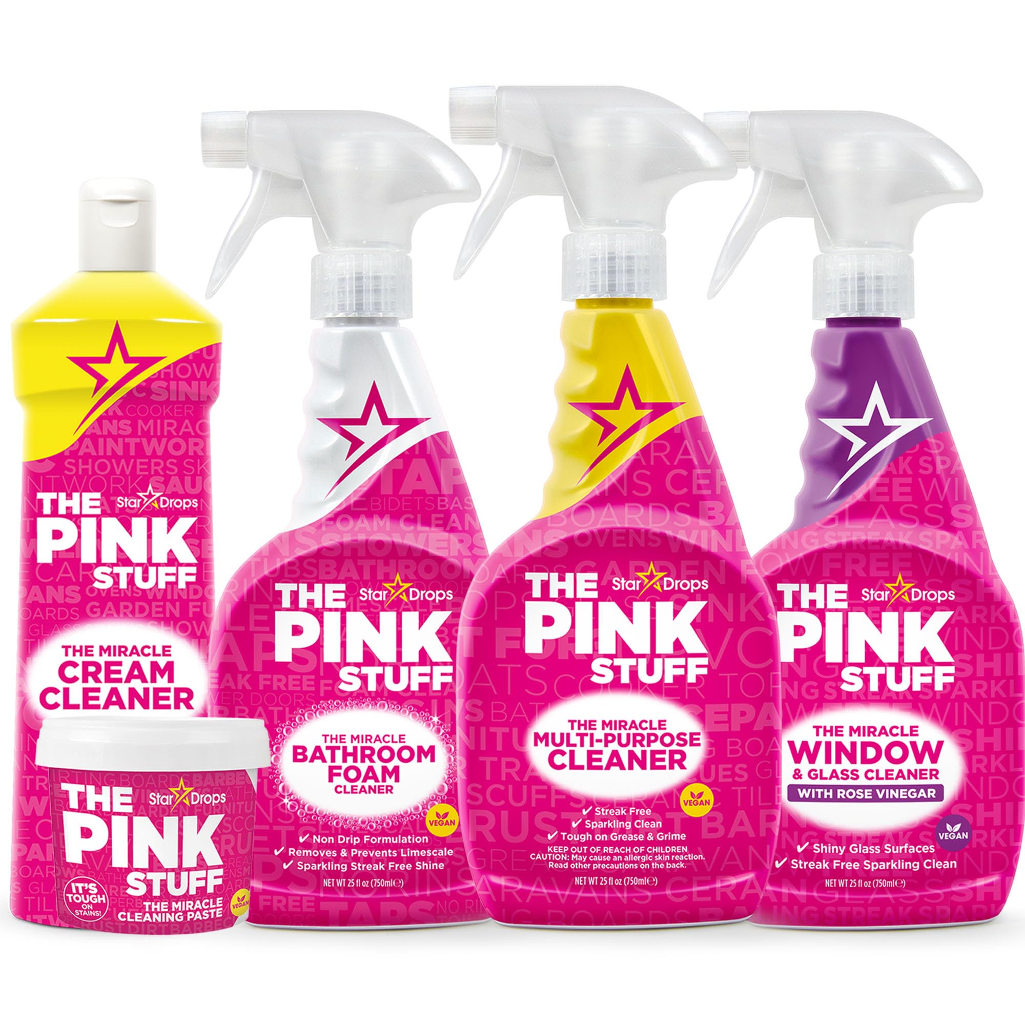 Stardrops - The Pink Stuff - The Miracle Cleaning Paste, Multi-Purpose Spray, Bathroom Foam Spray, Window & Glass Cleaner, and Cream Cleaner Bundle Image