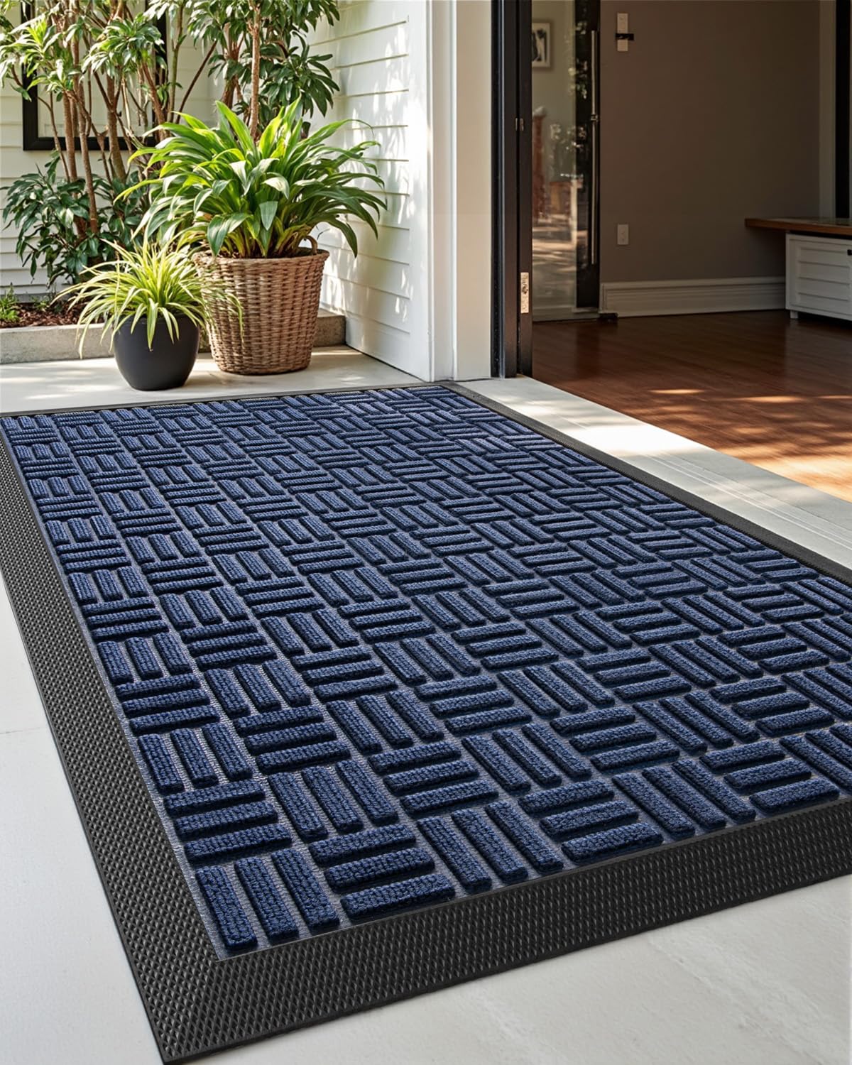 DEXI Front Door Mat Outside Entrance, All-Season Heavy Duty Rubber Indoor Outdoor Doormat, Fade Resistant, Low-Profile, Easy Clean Patio Entryway Rug, 23"x35", Maze Blue