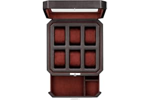 ROTHWELL 6 Slot Leather Watch Box with Valet Drawer - Luxury Watch Case Display Organizer, Microsuede Liner, Locking Mens Jewelry Watches Holder, Men's Storage Boxes Holder Large Glass Top (Black/Red)