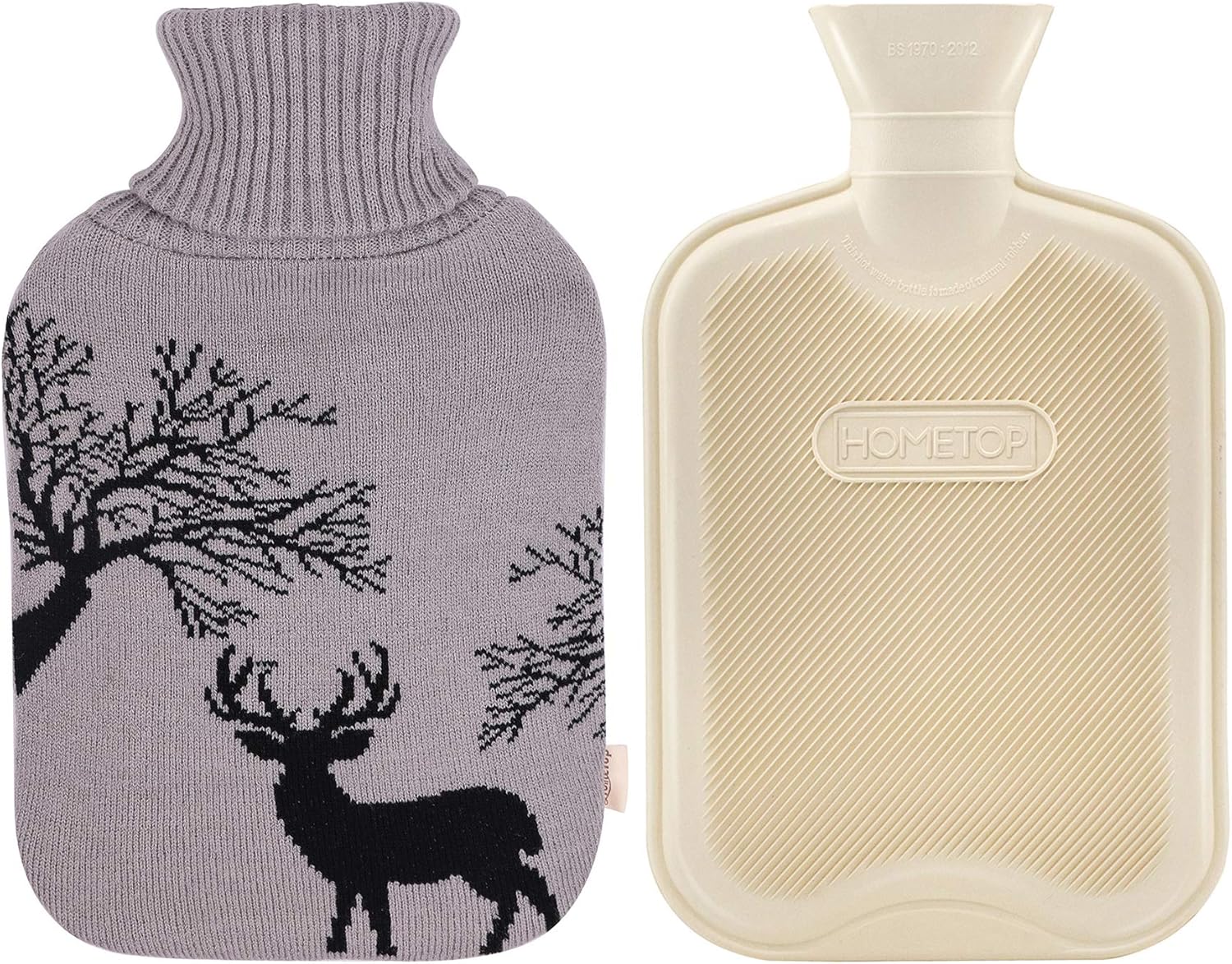HomeTop Classic Rubber Hot Water Bottle w/Cute Yarn Knit Deer Cover (2 Liter, White): Health & Personal Care