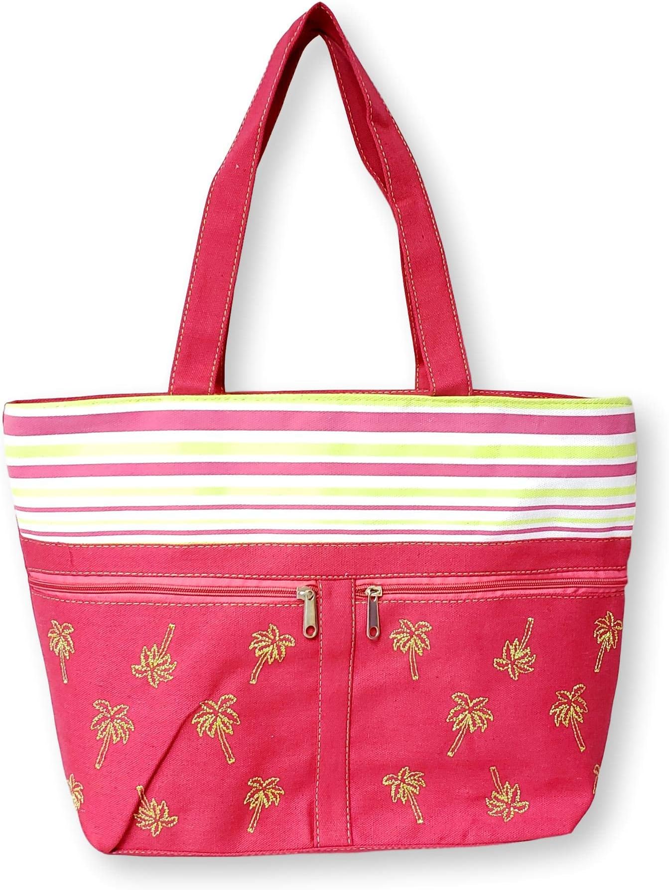 Palm Tree and Striped Tote Beach Bag with Front Pockets - Personalization Available (Blank - Hot Pink)