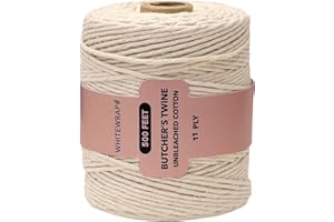 WHITEWRAP Twine String for Christmas | Butchers Kitchen Twine for Turkey Trussing, Meat Prep & Food Oven Safe| Bakers Cooking Crafting| Wired Heavy Natural Cotton | DIY Garden Thread (11 PLY-500 FEET- 1 Pack)