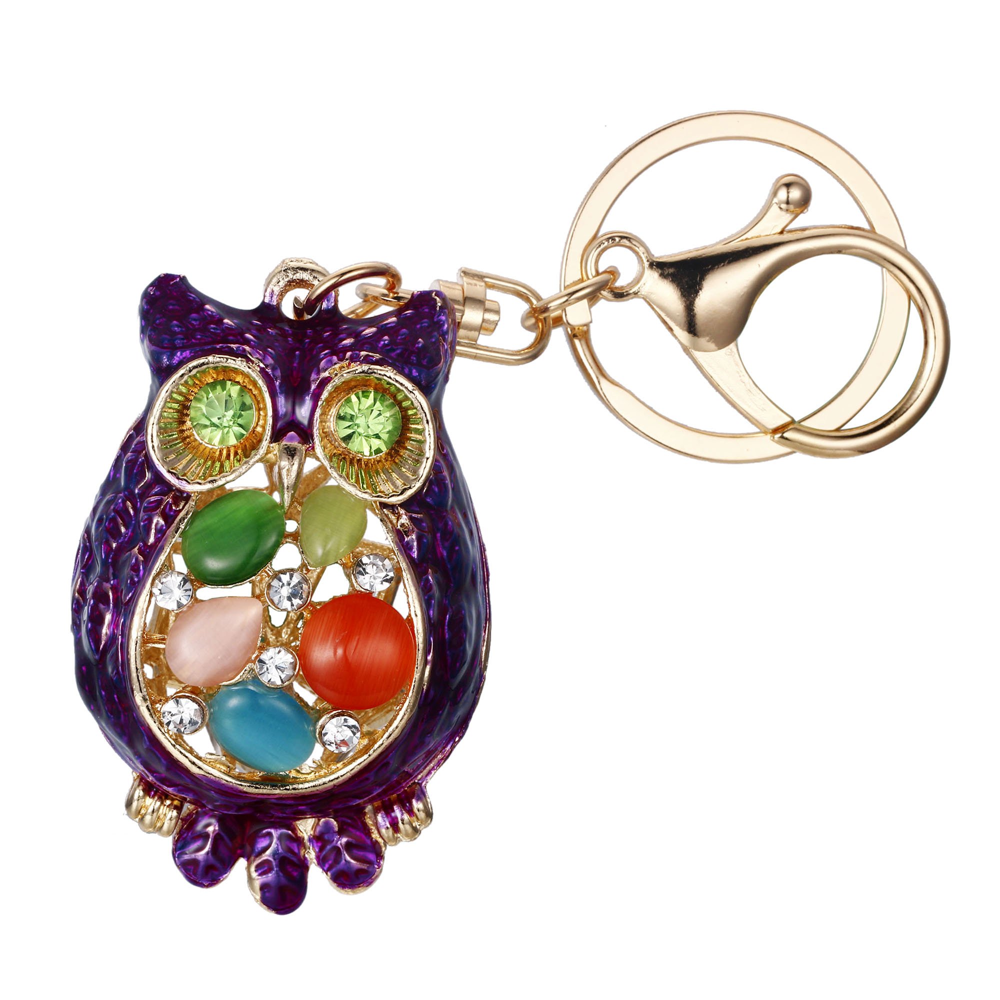 Ever Faith Austrian Crystal Enamel Cute Hollow-out Owl Bird Animal Keychain Purple Gold-Tone