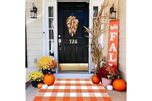 CAINANEL Fall Outdoor Rug Orange Buffalo Plaid Outdoor Rug Cotton Hand-Woven Buffalo Check Rug Layered Doormats for Front Door/Front Porch/Farmhouse/Entryway/Patio(Orange and White Plaid, 27.5'' x 43'')