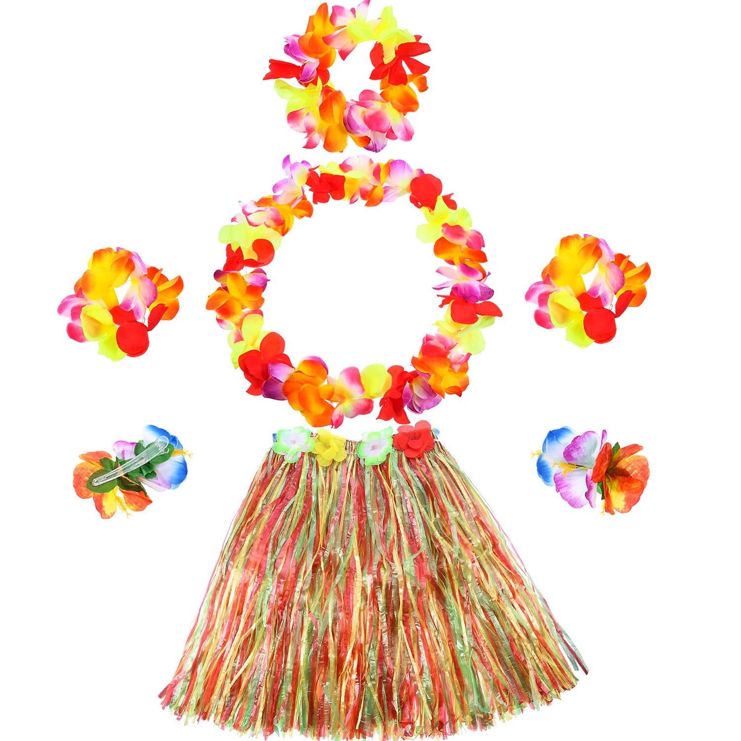 Photo 1 of Gejoy 7 Pcs Hawaiian Luau Hula Grass Skirt with Flower Costume Set Flower Bracelet Headband Necklace Hibiscus Hair Clip Women(Red Yellow Green)