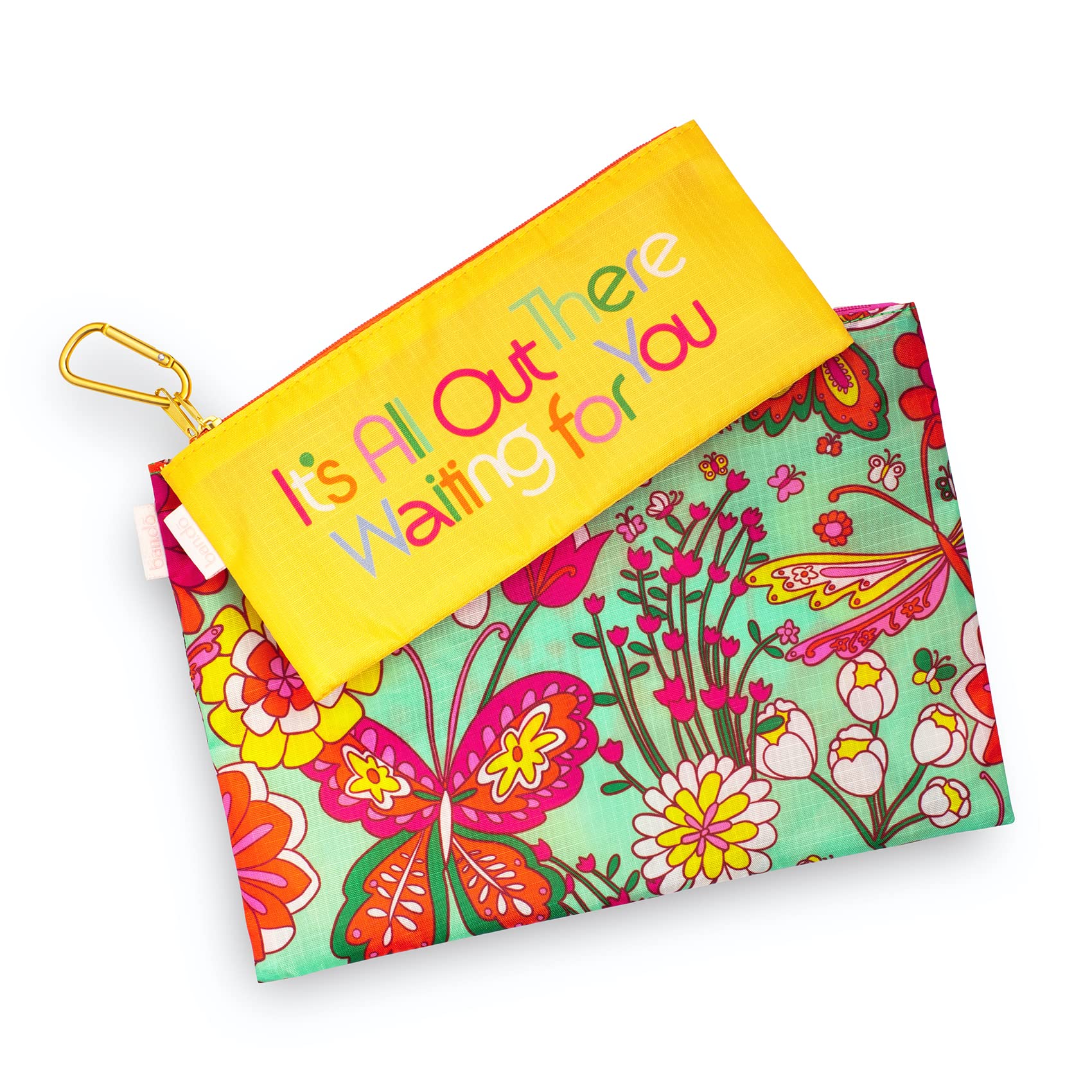 ban.do Travel Bags Carryall Duo, Nylon Bag Set of 2, Zip Pouches for Pencils/Toiletries/Accessories (small), Magic Garden (Mint), Travel