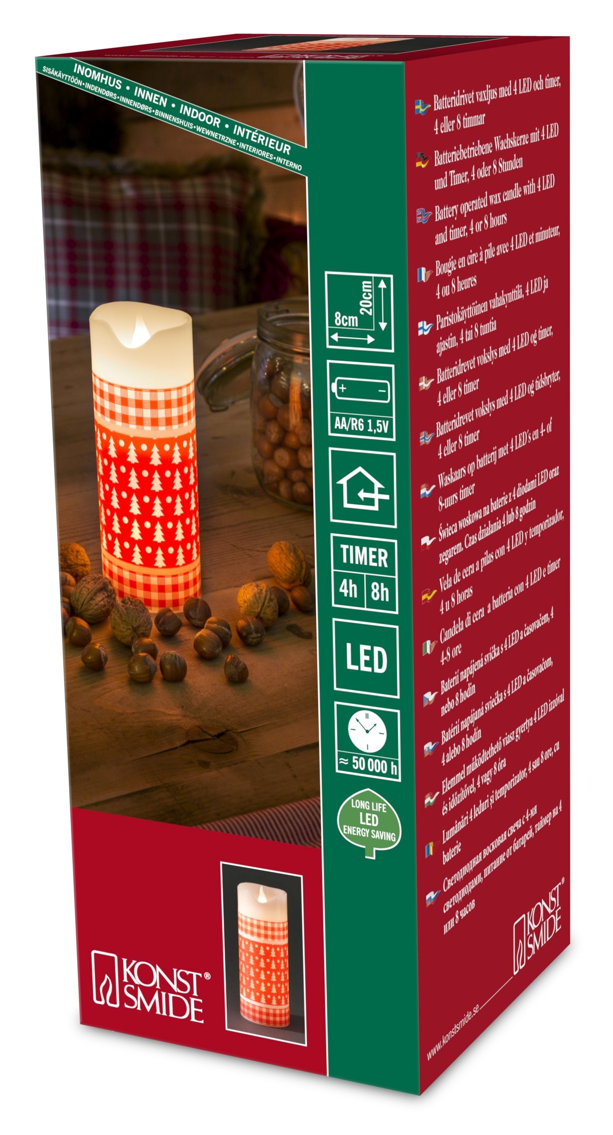 Konstsmide LED Flickering Real Wax Battery Operated Flameless Candle/Indoor Use (IP20)/20 cm High 8cm Wide Candle/4 or 8 Hour Timer And Real flame Shaped LED/Warm White Red Pattern, 1959-550
