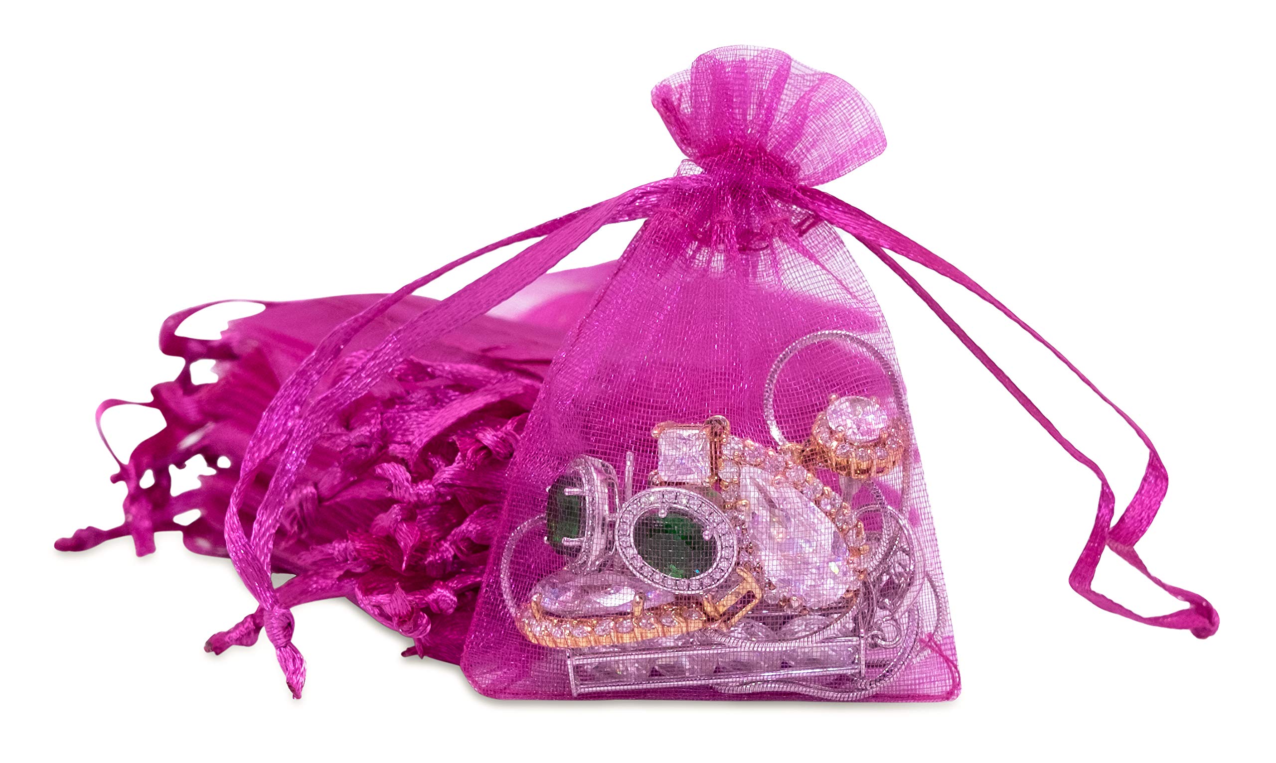 TheDisplayGuys 100-Pack XS 2 x 2 3/4" Hot Pink Sheer Organza Gift Bags with Drawstring, Jewelry Candy Treat Wedding Party Favors Mesh Pouch