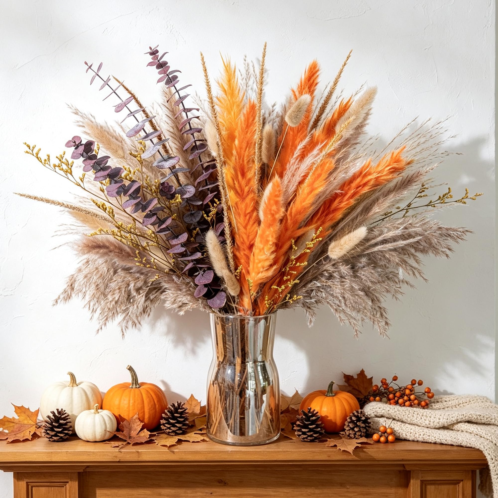 Boho Decor Pampas Grass and Eucalyptus Bouquet | 7Kinds Dried Flowers,pompas grass Dried flowers Arrangement for Centerpiece