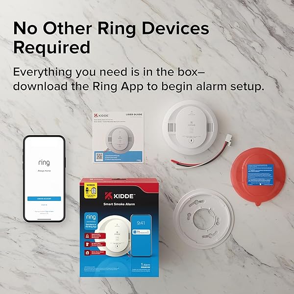 KIDDE SMART SMOKE DETECTOR, RING APP ENABLED FOR REAL-TIME NOTIFICATIONS, HARDWIRED ALARM, AA BACKUP BATTERY