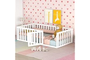 Bellemave Twin Floor Bed with High Fence and Door, Wood Montessori Floor Bed with Rails, Cute Montessori Bed Twin Size, White