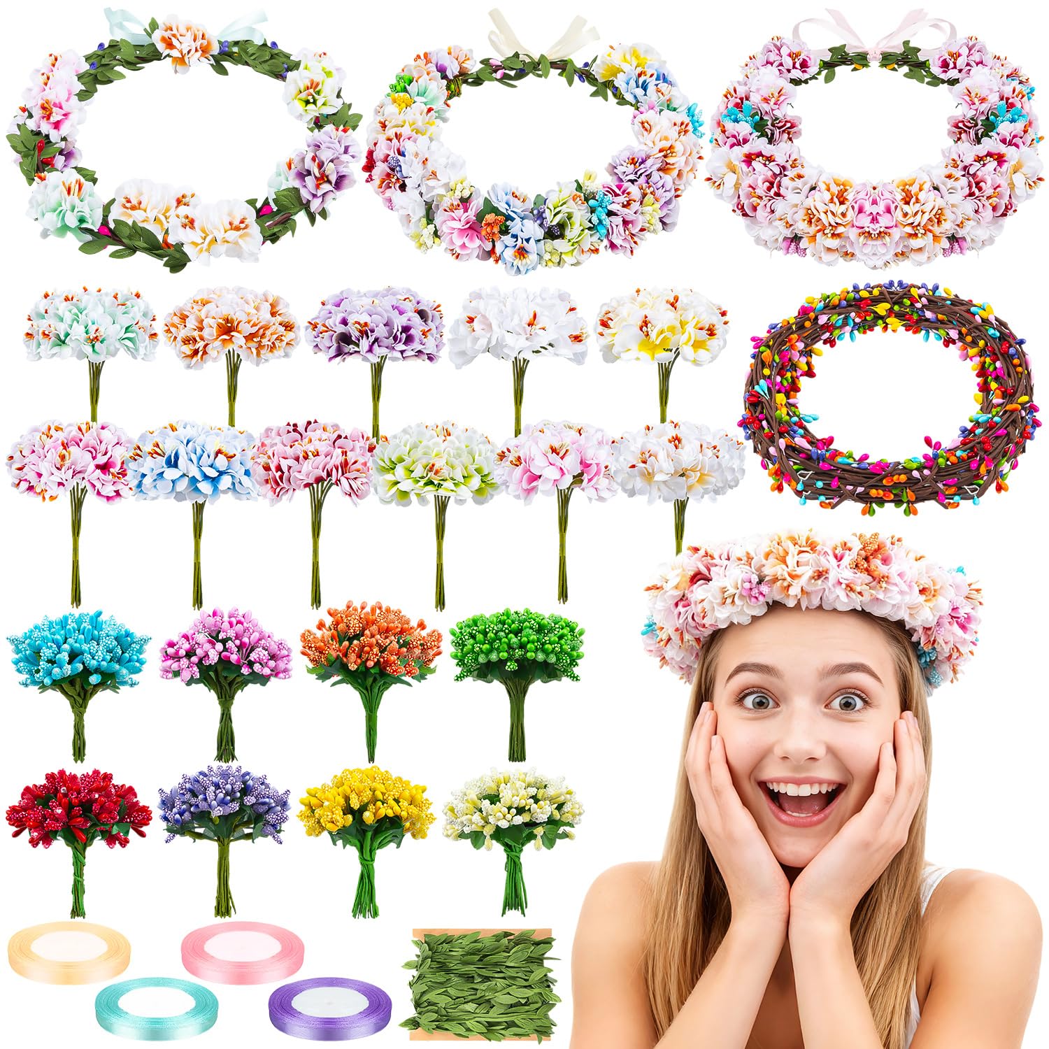 Photo 1 of 25 Sets DIY Flower Crowns Making Kit, Make Your Own Flower Crown Wreath Handmade Fairy Floral Hair Accessories Garland Kit for Bridal Wedding Birthday Party Decor
