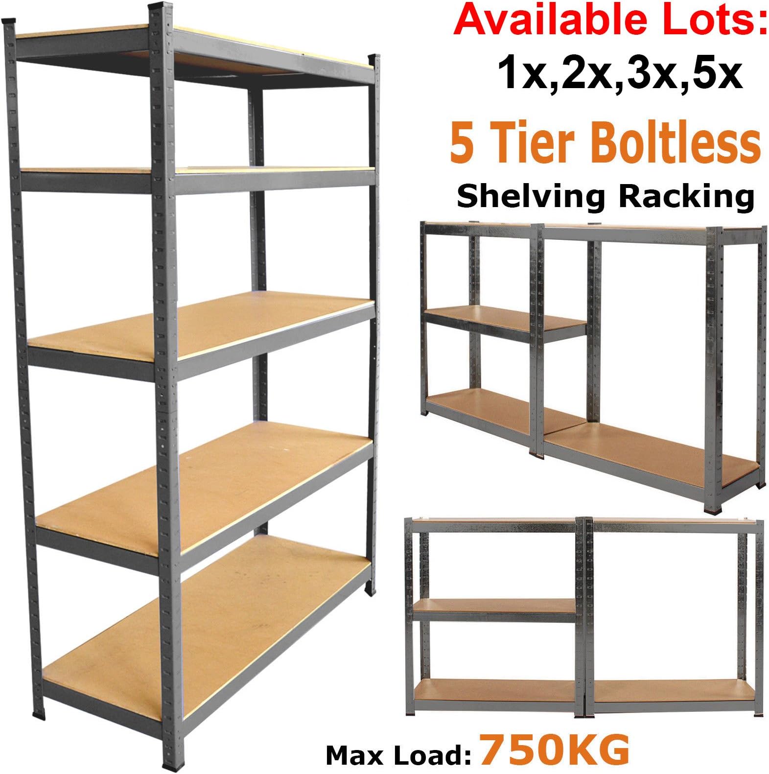 Safekom 2x 5 Tier Shelving Rack Lot 1.5M Adjustable Boltless Metal Shelving Unit Industrial Warehouse Workbench Freestanding Garage Shed Office Storage Organization Racking Shelves Capacity 750kg