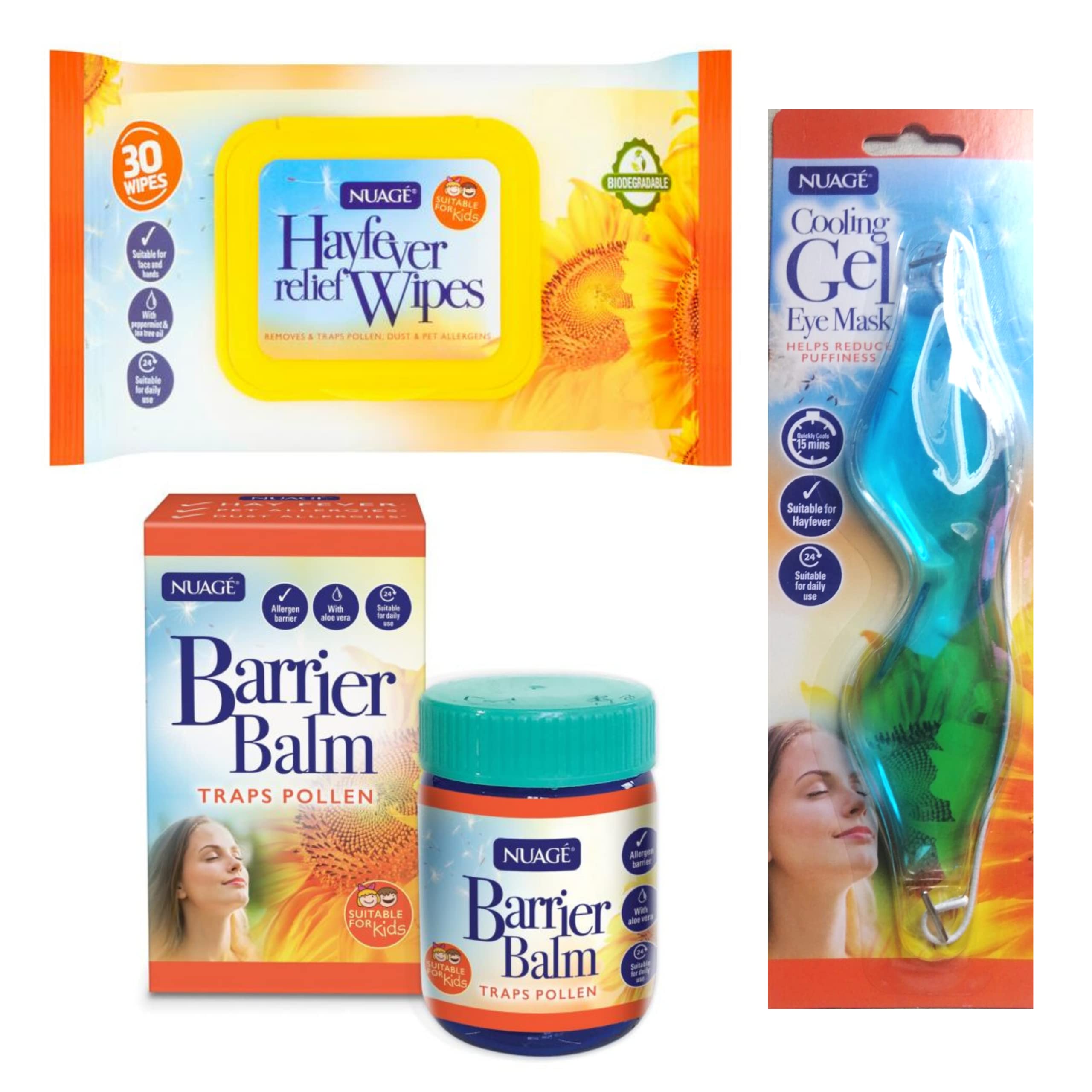 Nuage Hayfever Relief Wipes 1 Pack (30 Wipes), 1x Nuage Allergy Barrier Balm and 1x Nuage Cooling Gel Eye Mask - Pollen Barrier Balm and Wipes for Hayfever with Soothing Eye Mask