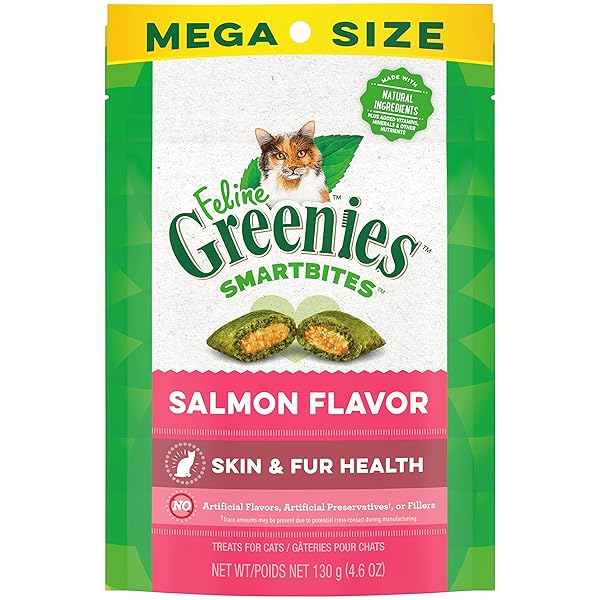 FELINE GREENIES SMARTBITES SKIN & FUR HEALTH CRUNCHY AND SOFT NATURAL CAT TREATS, SALMON FLAVOR, 4.6 OZ. PACK