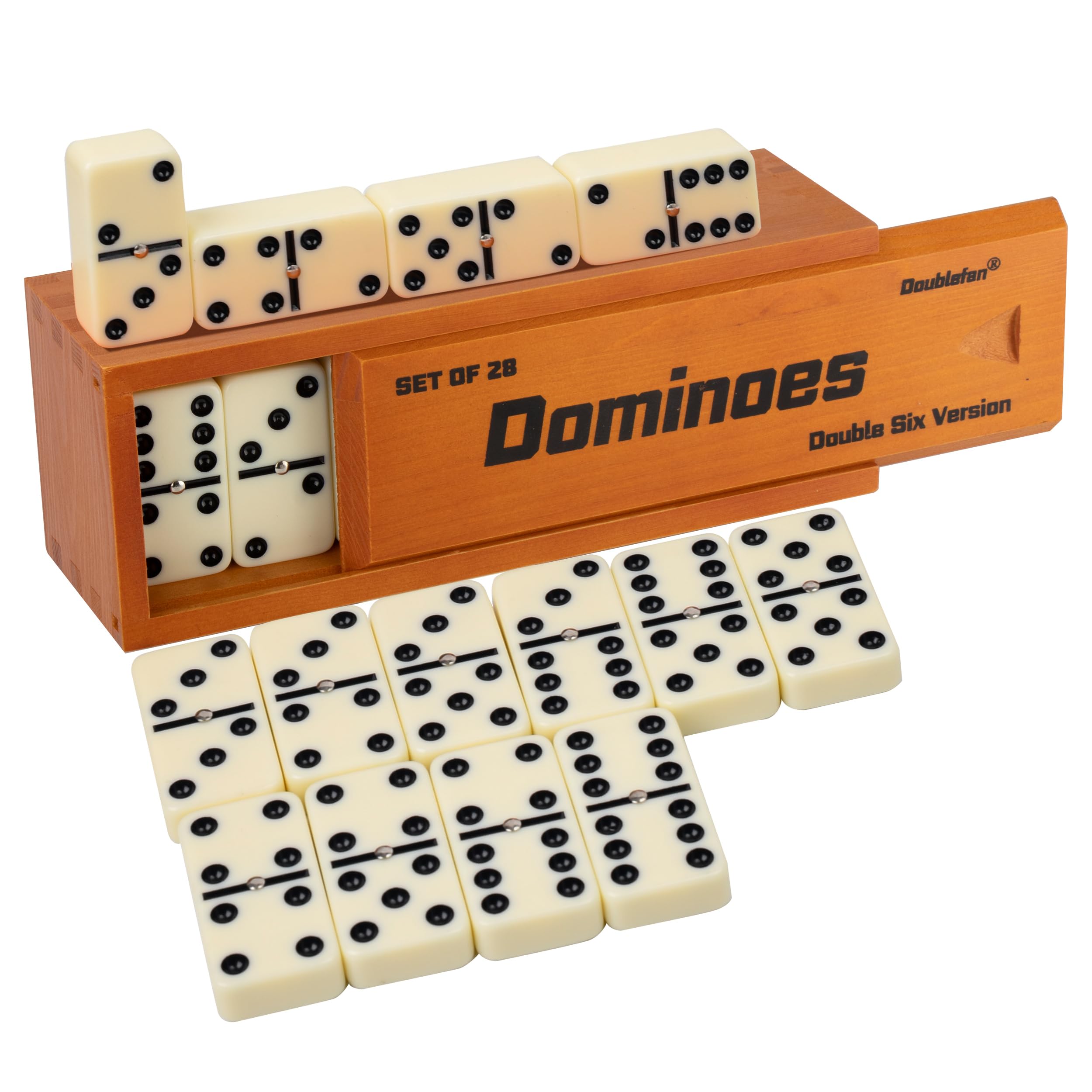 Dominos Set for Adults, Jumbo Size Double 6 Dominoes Set, Classic Board Game for Adults and Elderly, Double Six Thick Size Domino with Spinner 28 Tiles in Exclusive Brown Wooden Box.