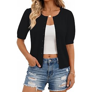 LUYAA Short Sleeve Cardigans for Women Summer Lightweight Cropped Sweater | Puff Sleeve Tops, Business Casual Tops, Lightweig