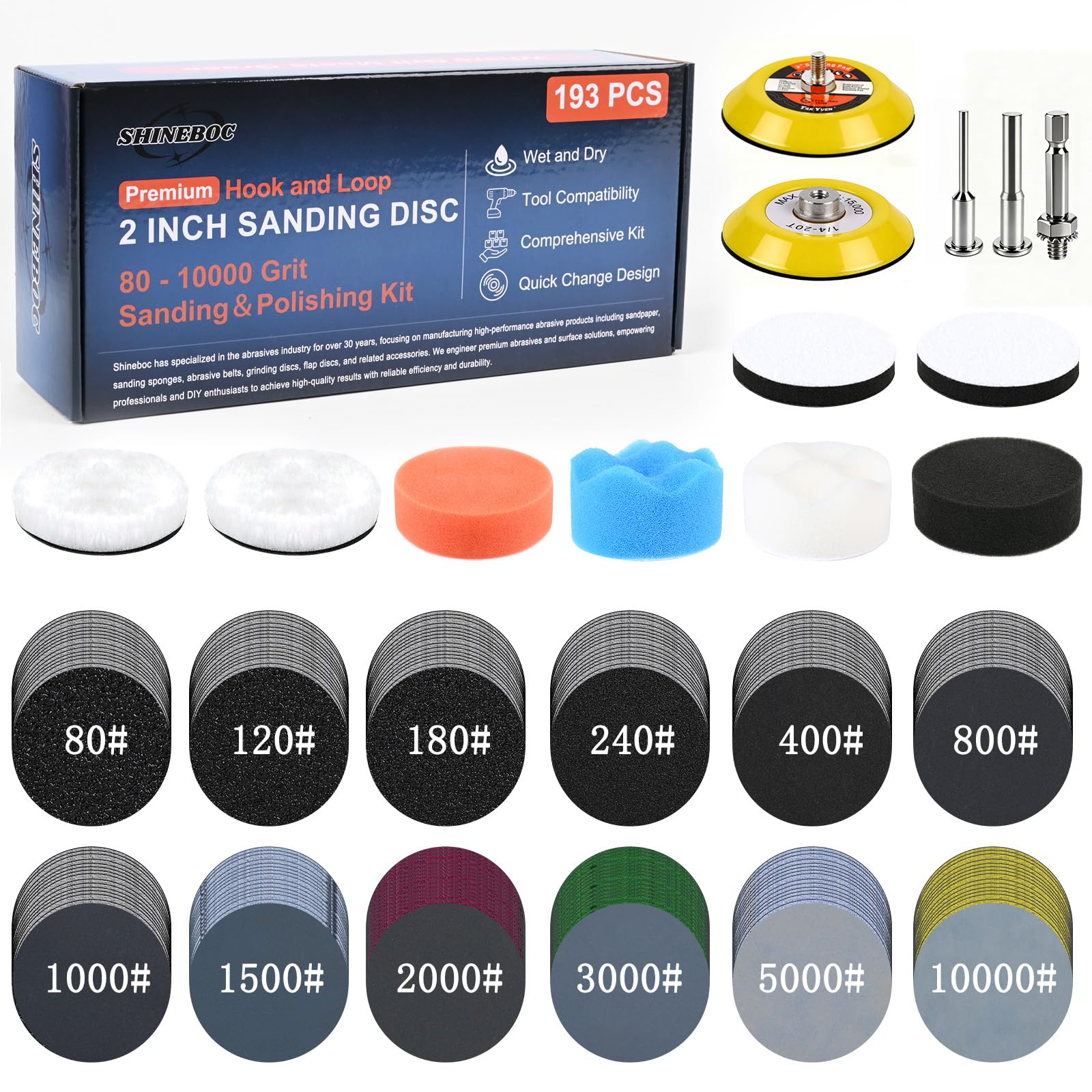 Photo 1 of 193Pcs 2 Inch Polishing Kit Hook and Loop Sanding Discs, Headlight Restoration Kit - 80 to 10000 Grits Wet Dry Sandpaper Buffing Sanding Pads with 1/4" 1/8" Shank, for Metal, Wood, Auto, Glass