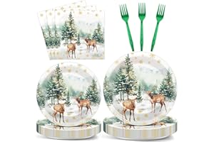 CHUNNIN 96Pcs Christmas Reindeer Paper Plates and Napkins Watercolor Deer Snow Pine Trees Snowflakes Party Decorations Winter Woodland Disposable Tableware for Xmas Holiday Birthday Party Supplies