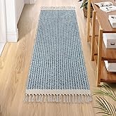 Lahome Boho Kitchen Runner Rugs, 2x6 Laundry Room Rug Lightweight Bathroom Runner Woven Cotton Throw Mat with Tassels, Farmhouse Washable Blue Rug Low Pile Runners for Hallways Entry