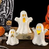 Aneco Ceramic Ghost Light Up Decor Halloween Ghost Decor 3 Ceramic Ghosts Figurines with Remote Control, 3 Tea Lights Spooky Ghosts Sculpture for Halloween Home Table Decorations